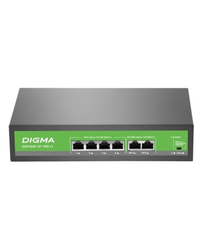 DSP204F-2F-T80 DSP204F-2F-T80 V1 (L2) 6х100Мбит/с 4PoE 4PoE+ 80W. Коммутатор с питанием по PoE. Digma в Обнинске