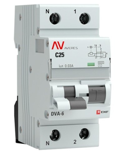 DVA-6 1P+N 25А (C) 30мА (AC) 6кА  AVERES (rcbo6-1pn-25C-30-ac-av). Автоматический выключатель дифференциального тока. EKF в Обнинске