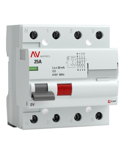 DV 4P 25А/ 30мА (AC)  AVERES (rccb-4-25-30-ac-av). Выключатели дифференциального тока (УЗО). EKF в Обнинске