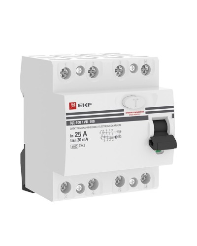УЗО ВД-100 4P 25А 30мА тип AC эл-мех  PROxima (elcb-4-25-30-em-pro). Выключатель дифференциального тока (УЗО). EKF в Обнинске