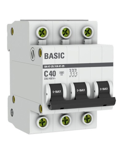 Автоматический выключатель 3P 40А (C) 4,5кА ВА 47-29 Basic (mcb4729-3-40C). Автоматический выключатель. EKF в Обнинске