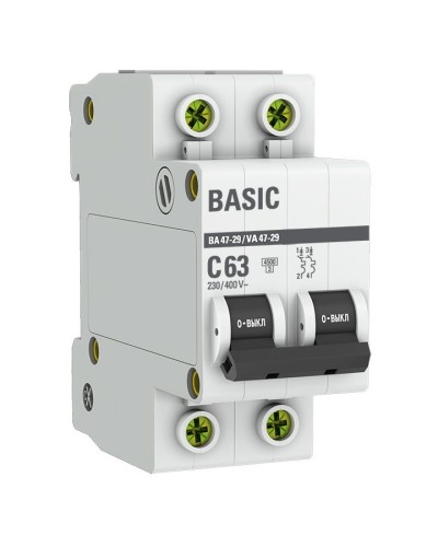 Автоматический выключатель 2P 63А (C) 4,5кА ВА 47-29 Basic (mcb4729-2-63C). Автоматический выключатель. EKF в Обнинске