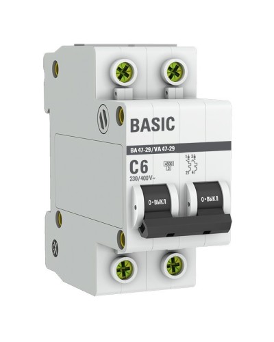 Автоматический выключатель 2P 6А (C) 4,5кА ВА 47-29 Basic (mcb4729-2-06C). Автоматический выключатель. EKF в Обнинске