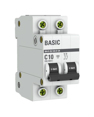 Автоматический выключатель 2P 10А (C) 4,5кА ВА 47-29 Basic (mcb4729-2-10C). Автоматический выключатель. EKF в Обнинске