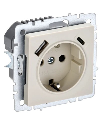 Розетка с з/к с USB A+C 18Вт РЮш11-1-БрКр бежевый BRITE (BR-R14-16-U22-018-K10). Розетка с заземлением с защитными шторками, 18Вт. IEK в Обнинске