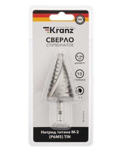 Сверло по металлу ступенчатое ТИТАН 9,0-36,0 мм 110 mm 65 HRC Р6М5 TiN Kranz (KR-12-6614): Сверло по металлу шлифованное в Обнинске